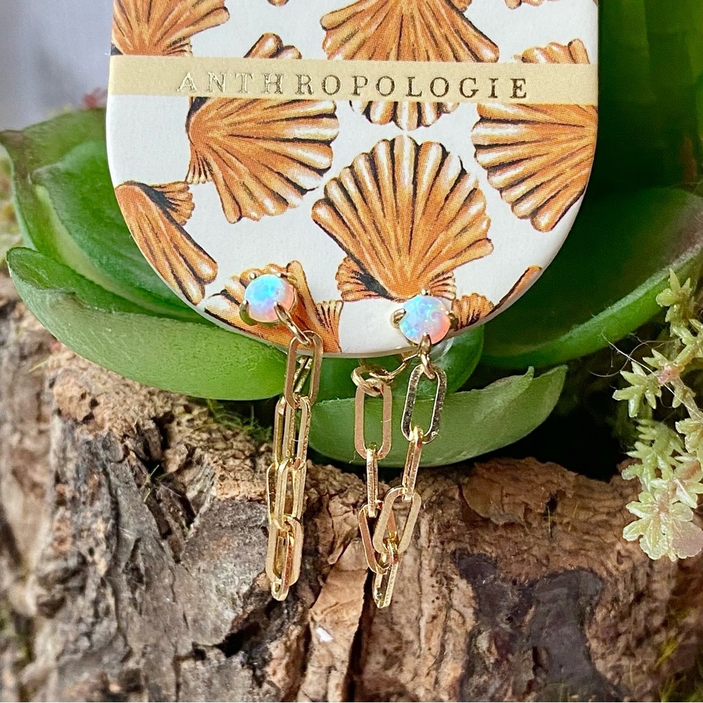 NWT Anthropologie TAI Chain Link Drop Earrings Gold Opal Stone - Picture 12 of 16